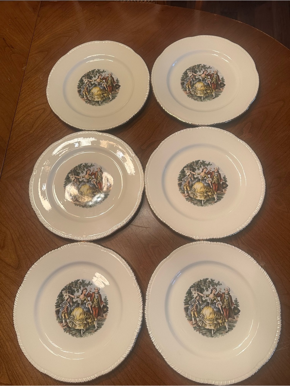 24 Karat Gold Trim Courting Couple Midcentury Modern Dinner Plates (Set of 6)